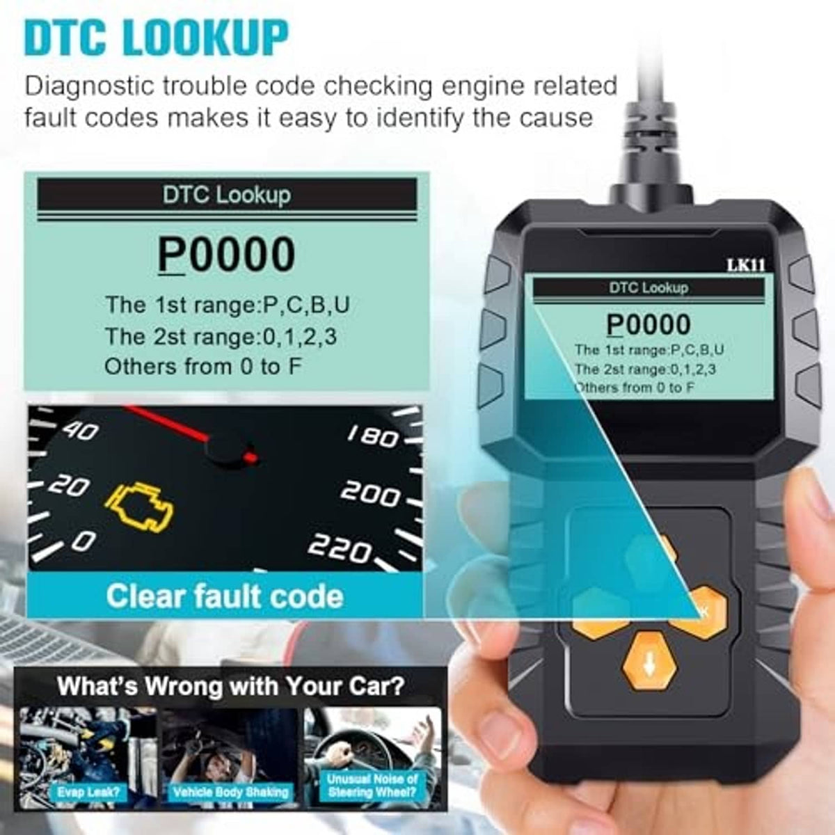 OBD2 scanner handheld with DTC Lookup screen and diagnostic control buttons