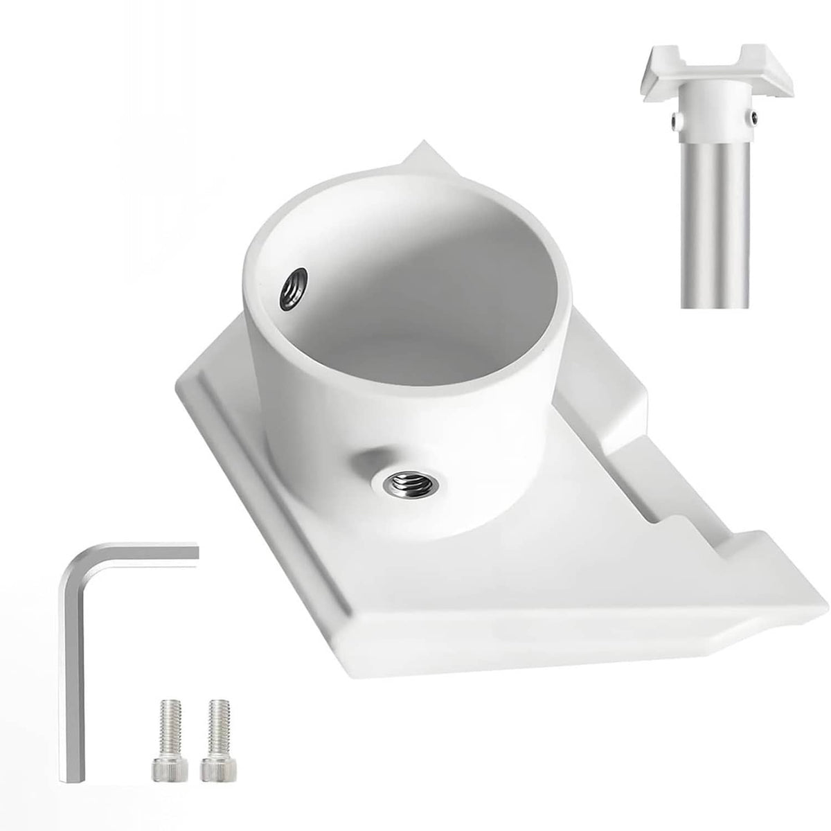 White pipe adapter pole mount with mounting clamp, rod, and included screws