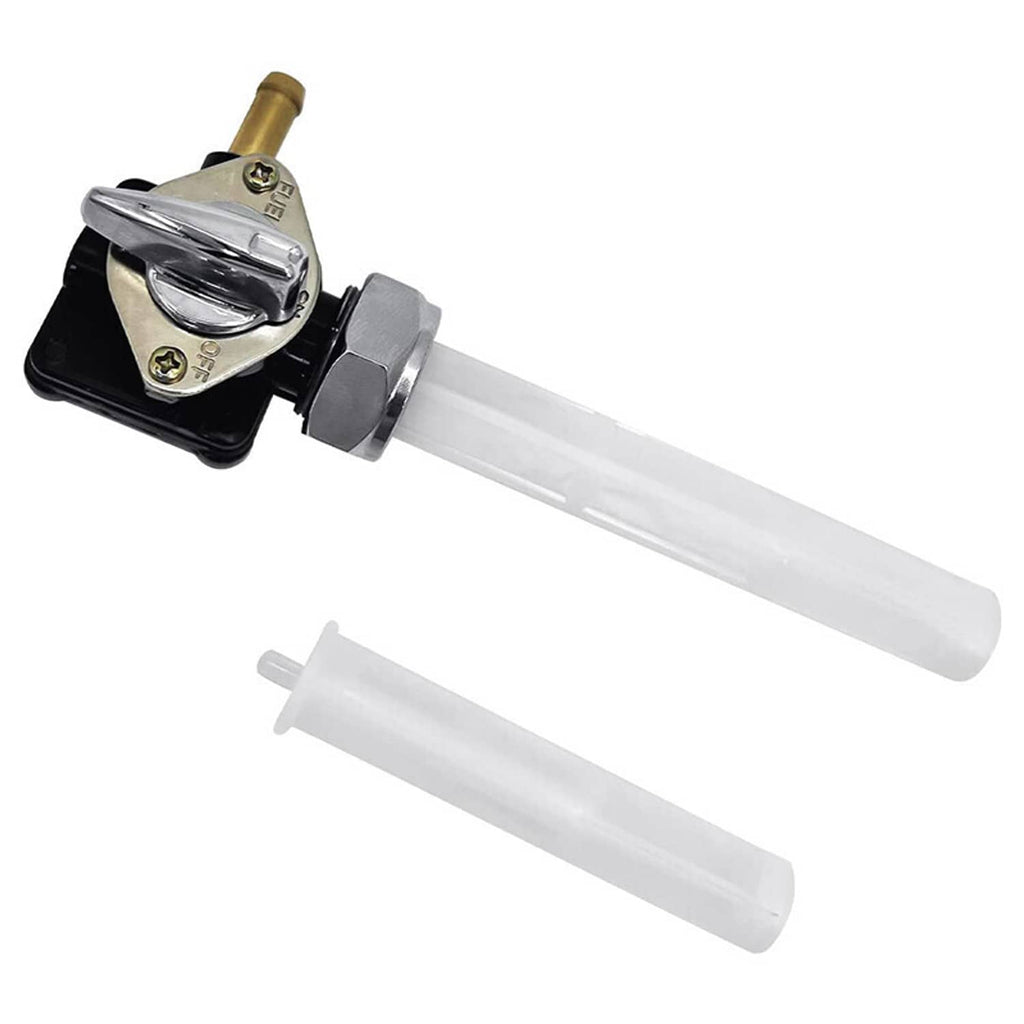 Fuel valve petcock with chrome lever, black housing, clear tube, and removable mounting pegs.
