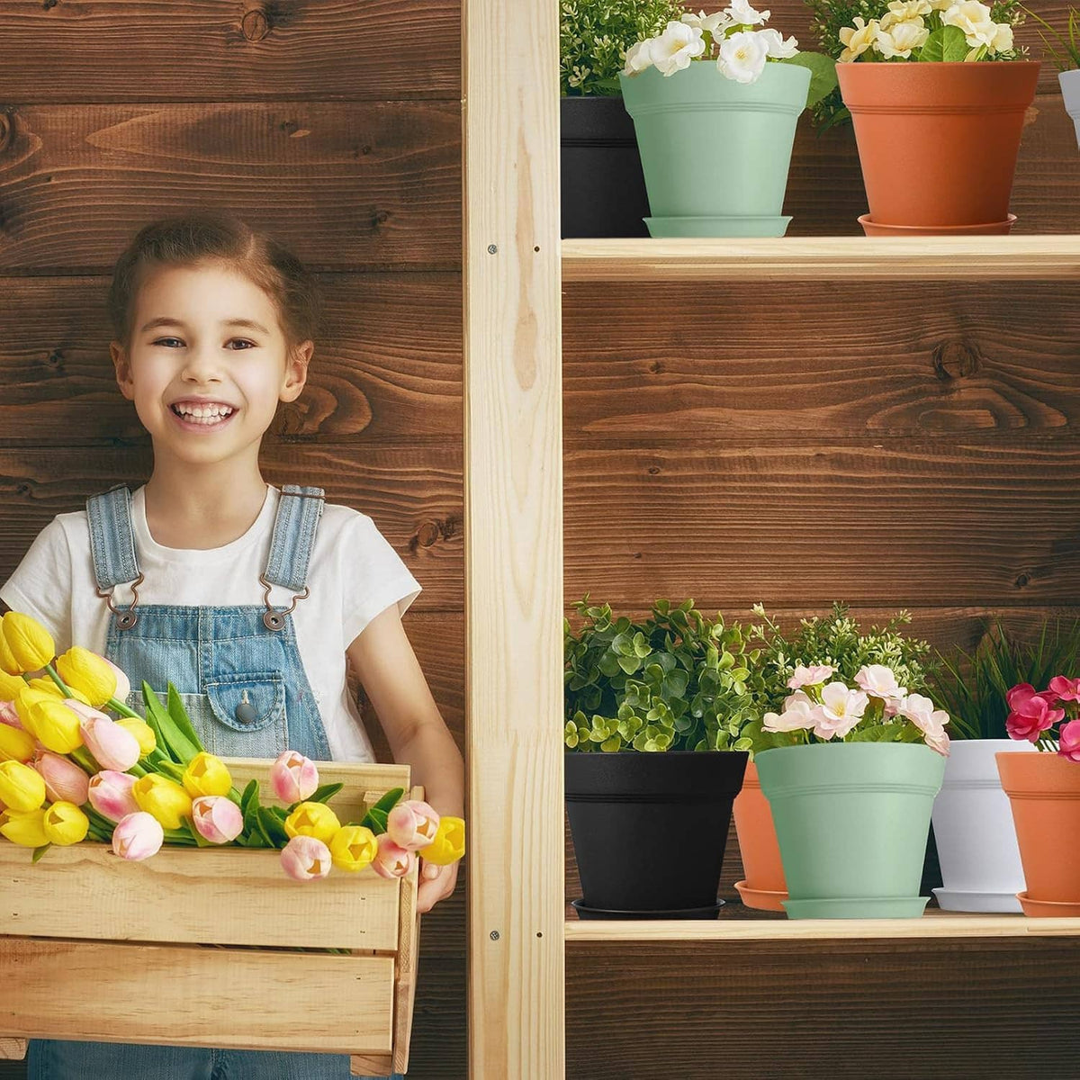 Assorted 4-inch plastic plant pots in green, orange, black, and white on a shelf.