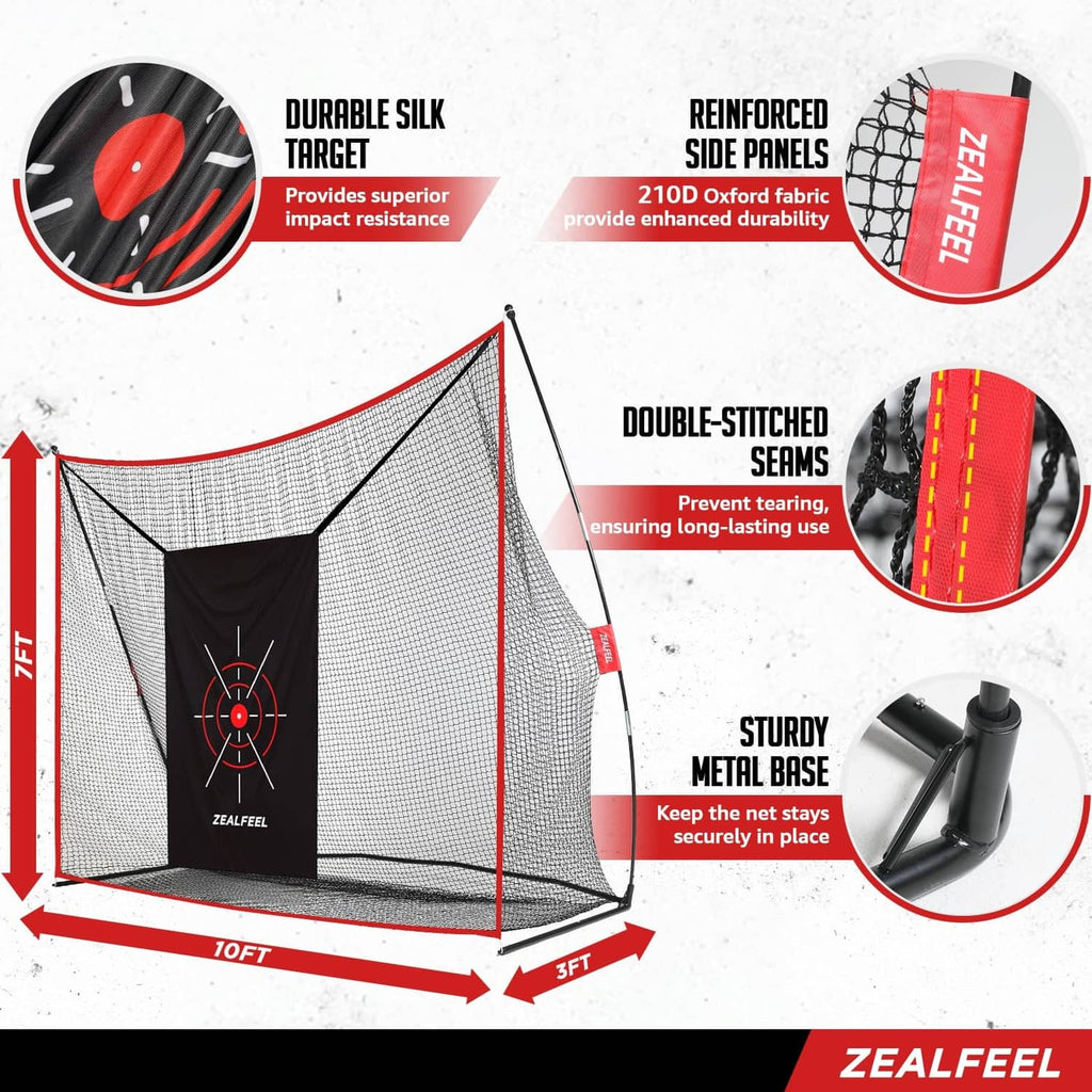 Durable golf practice net with black target, reinforced side panels, red frame