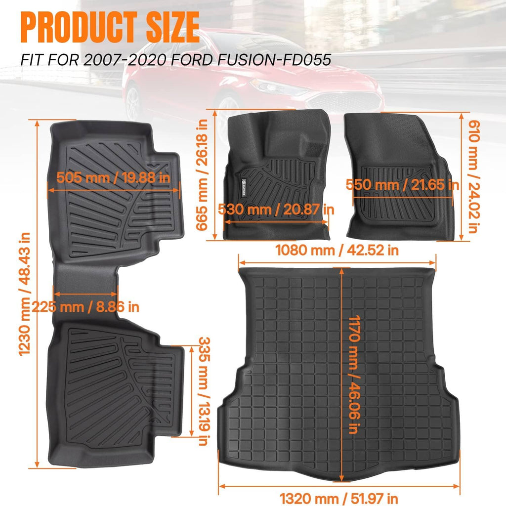 Black floor mat and trunk liner set with textured grip and channel ridges, size layout