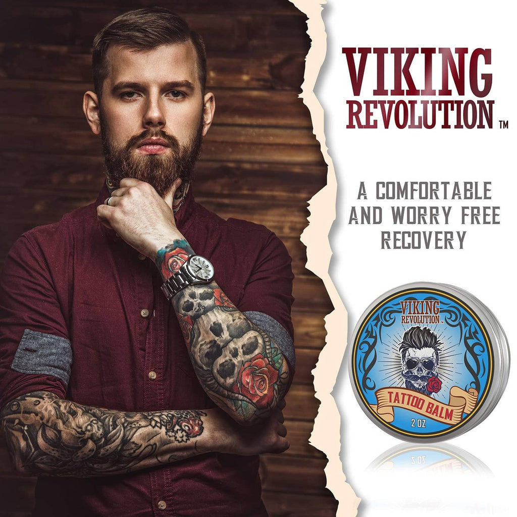 Viking Revolution tattoo care balm tin with tattooed man, 2 oz round silver can