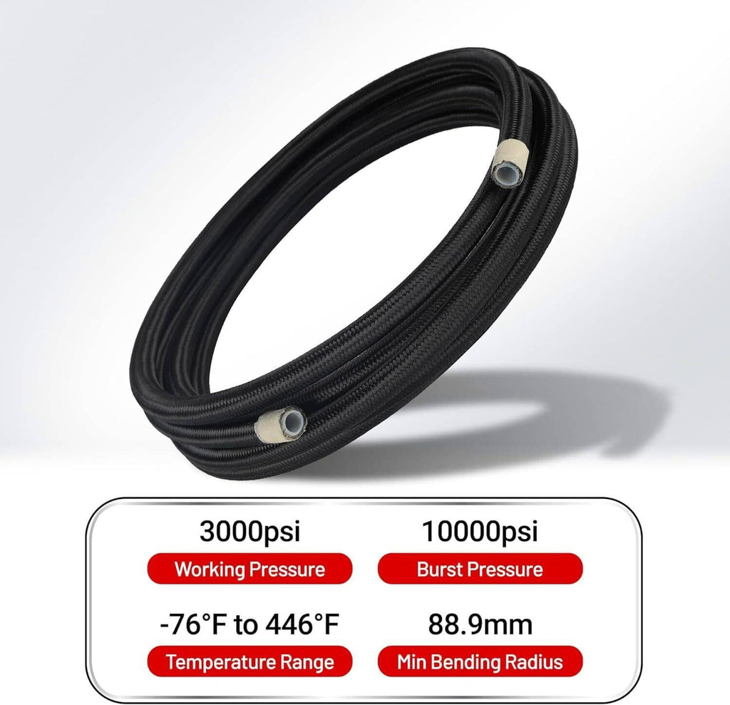 Black nylon braided PTFE fuel hose coil with silver-ring end fittings