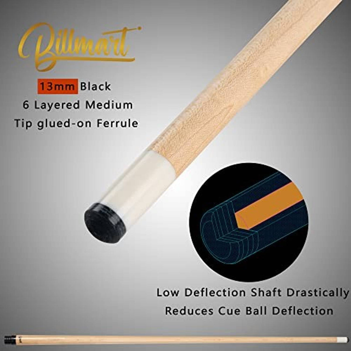 Pool cue tip and ferrule with light wood shaft, black end, and slim white collar ring