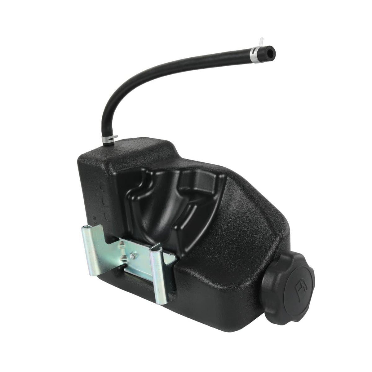 Black fuel tank assembly with cap, metal base plate, and curved fuel hose