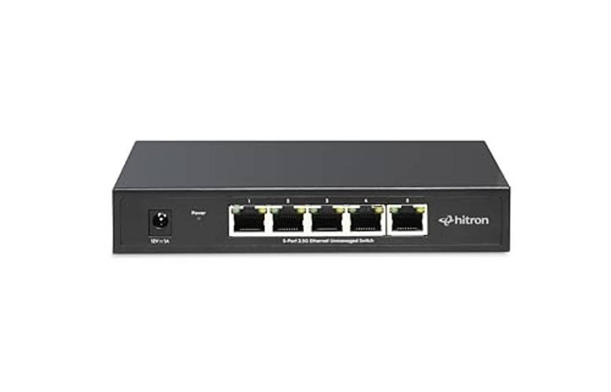 Black Hitron 5-port unmanaged Ethernet switch front panel with five RJ-45 ports