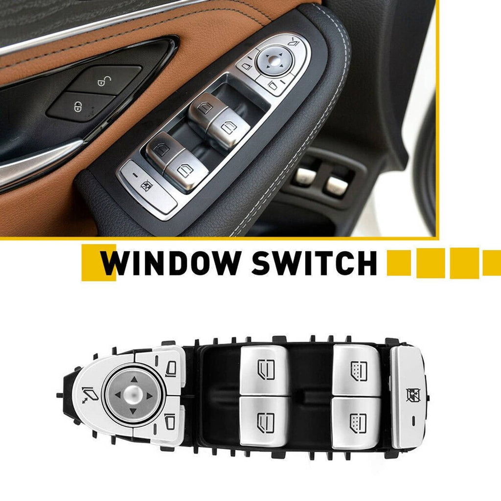 Power window switch assembly with round dial and multiple silver rocker switches