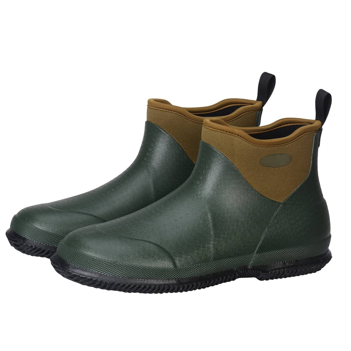 Waterproof ankle deck boots in dark green with tan panels and grippy tread