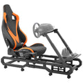 Racing simulator wheel stand with orange-and-black gaming seat and adjustable frame