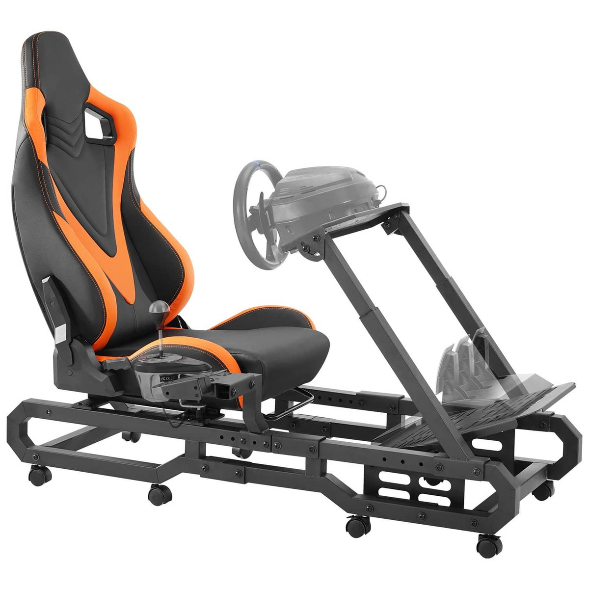 Racing simulator wheel stand with orange-and-black gaming seat and adjustable frame