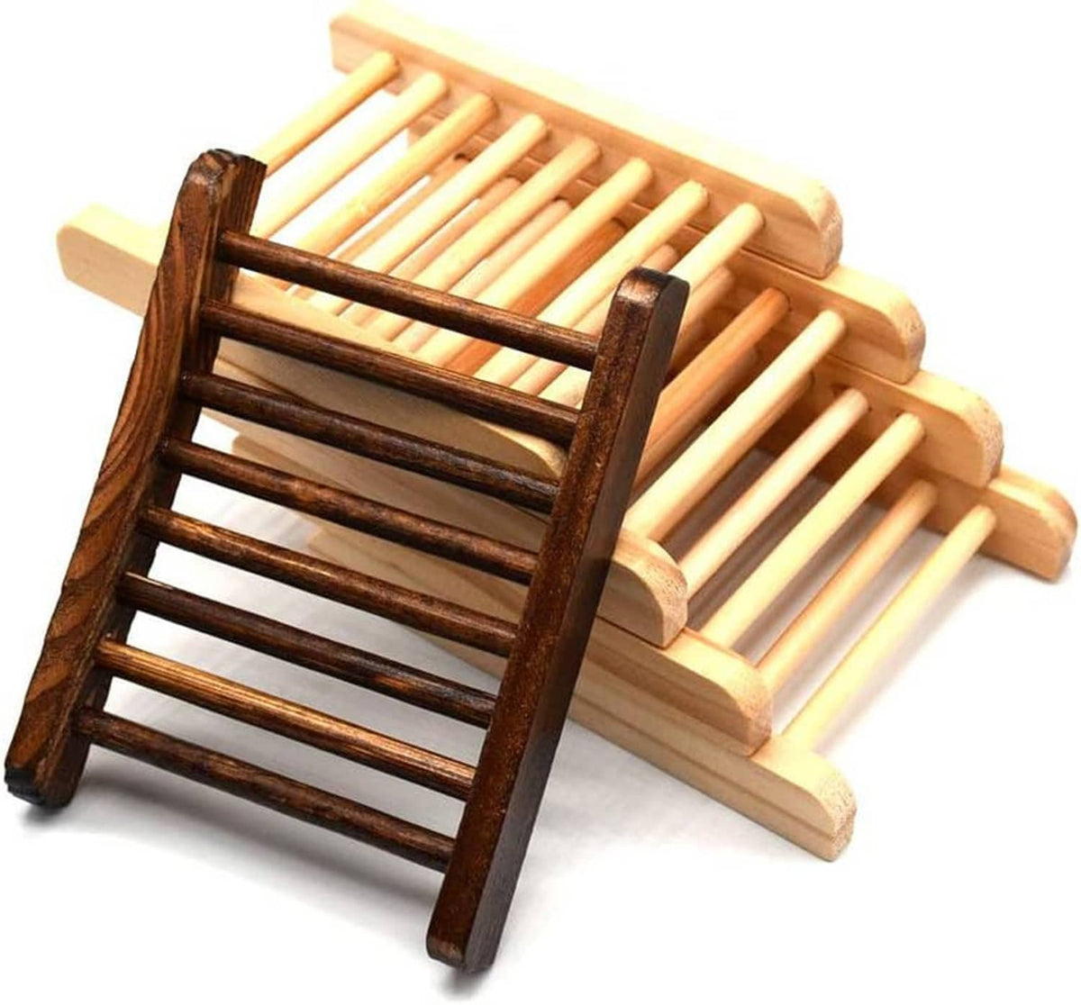 Dark bamboo soap holder with slatted drainage rack and side support stand