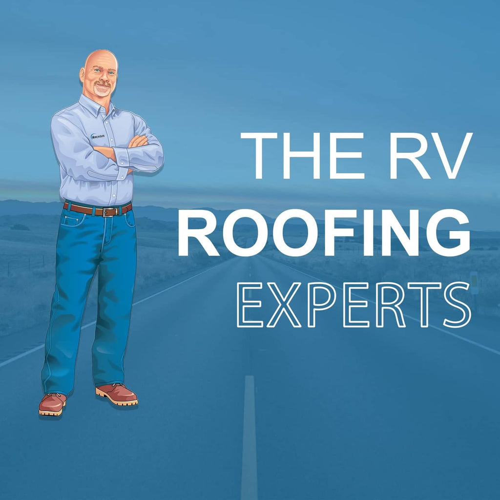 Promotional graphic for RV roofing experts with man standing