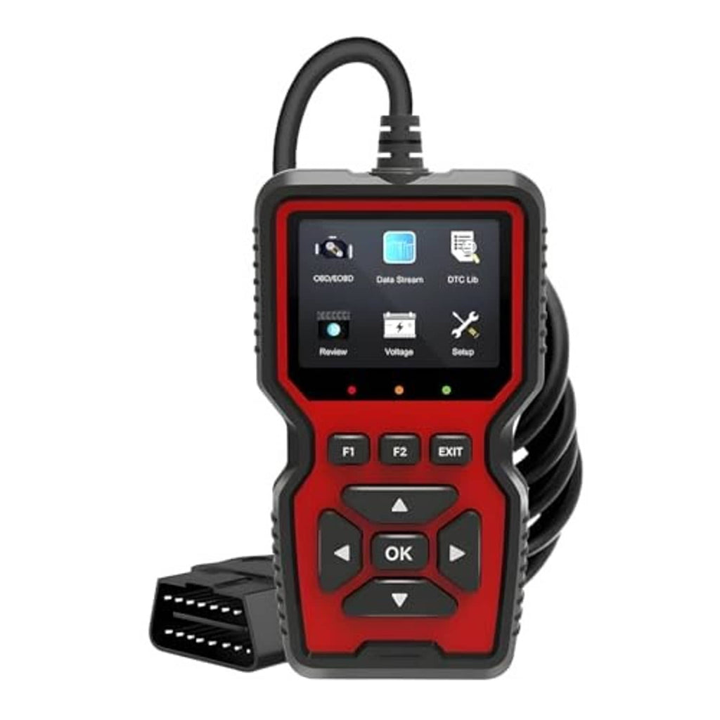 Front view red and black OBD2 diagnostic scanner with display, buttons, and cable.