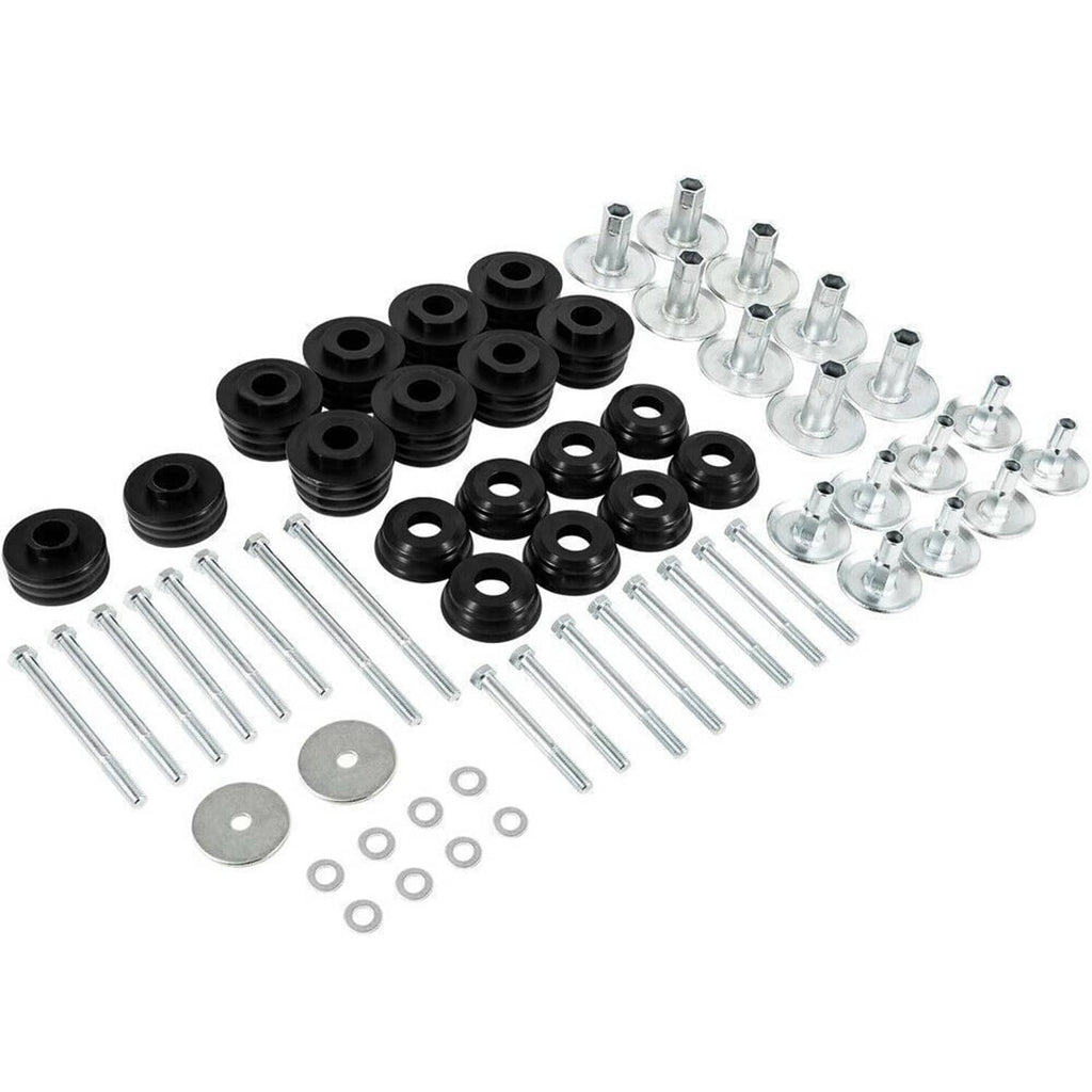 Body cab mount bushing kit with black bushings, metal bolts, washers, and spacers