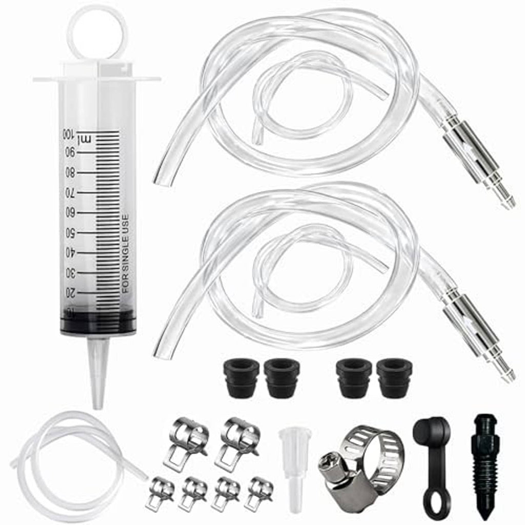 Brake bleeder hose kit with two clear hoses, metal bleed fittings, and clamp set