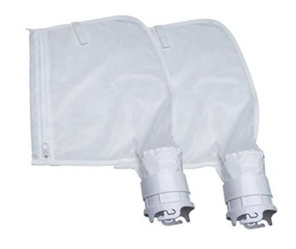 White fine mesh pool debris bag with zipper closure and dual hose connector ports
