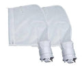 White fine mesh pool debris bag with zipper closure and dual hose connector ports