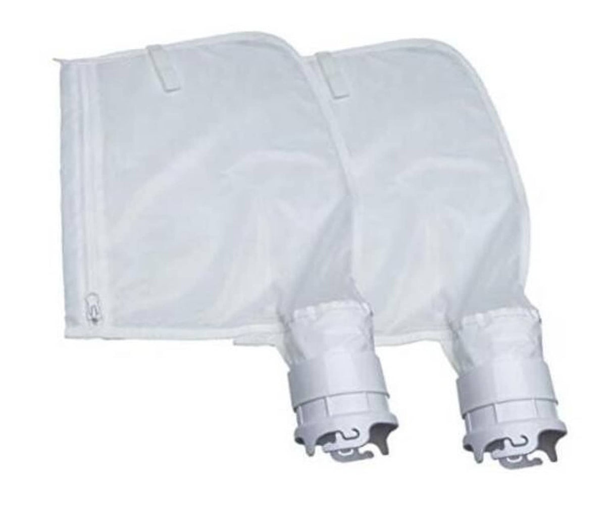 White fine mesh pool debris bag with zipper closure and dual hose connector ports