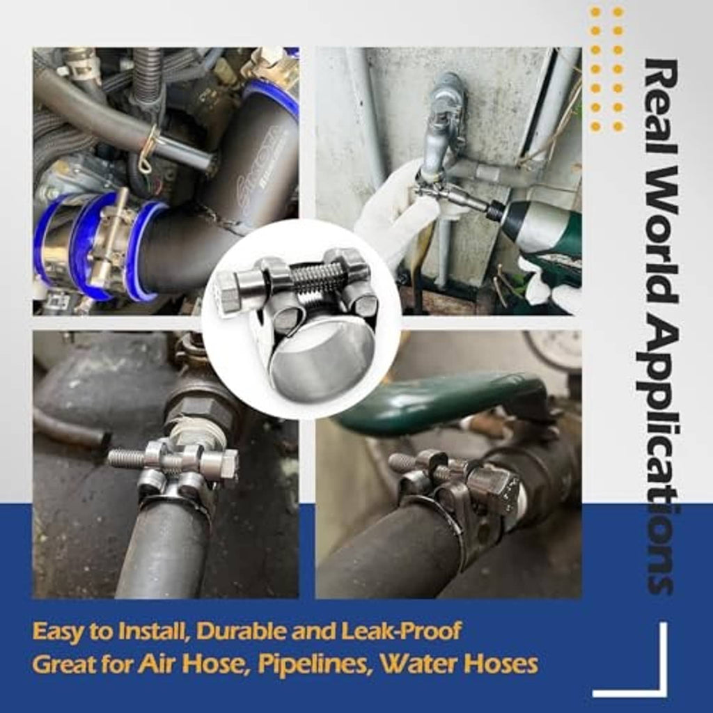 Stainless steel hose clamp with band and screw fastener, shown installed