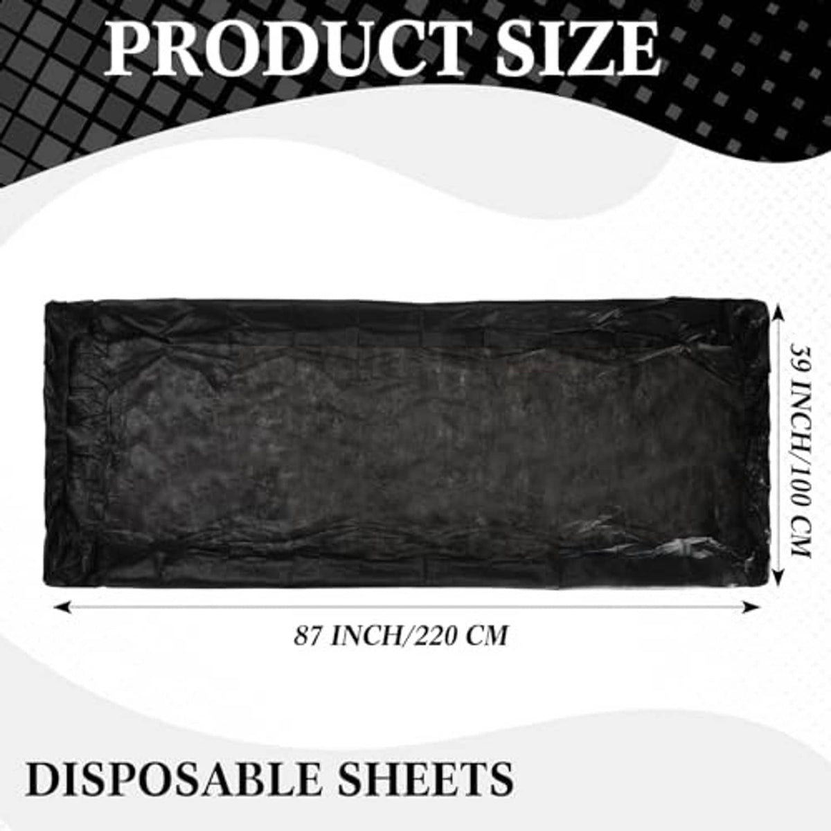 Rectangular black disposable massage table sheet size diagram with 87 inch length