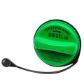 Green diesel fuel gas cap with black tether handle, round snap-on design