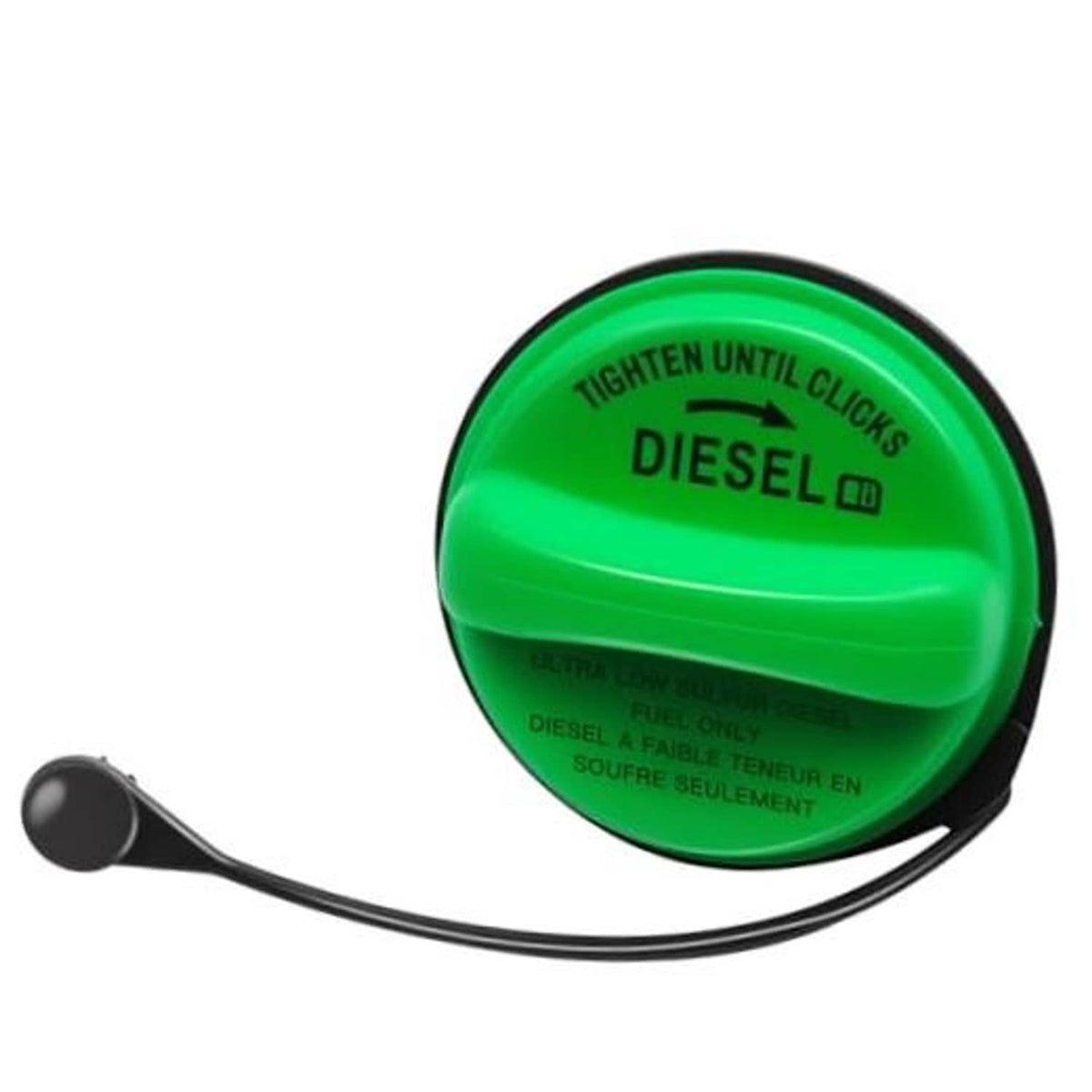 Green diesel fuel gas cap with black tether handle, round snap-on design