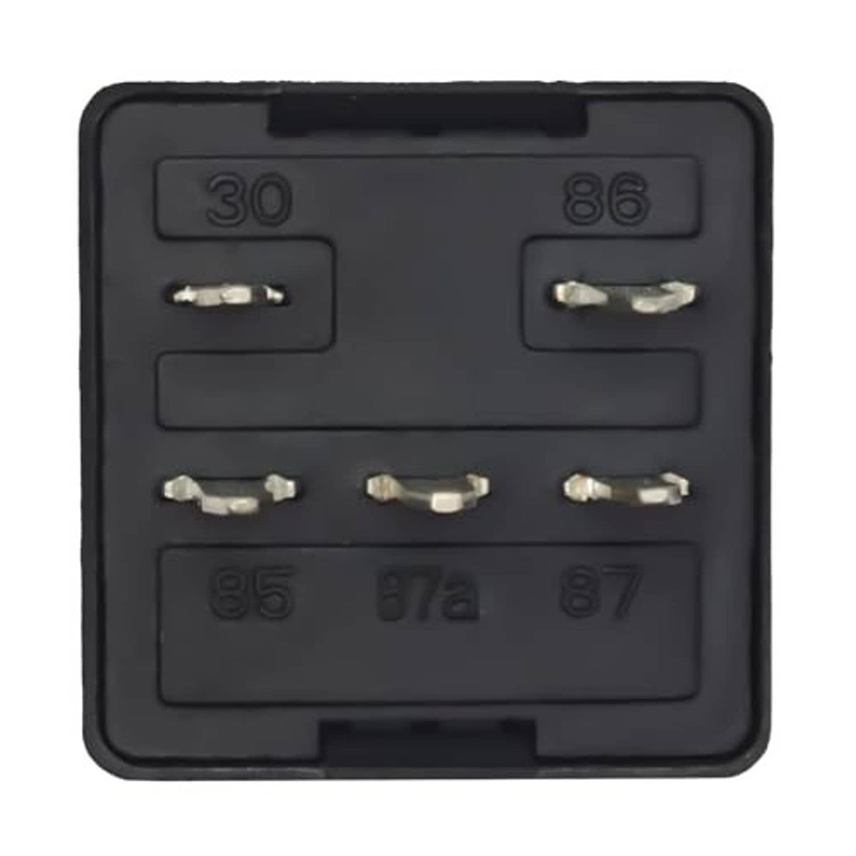 Black relay base with labeled terminal contacts 30, 86, 87a, 85, and 87