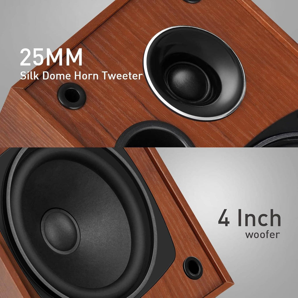 Close-up bookshelf speaker showing silk-dome horn tweeter and 4-inch woofer in wood cabinet