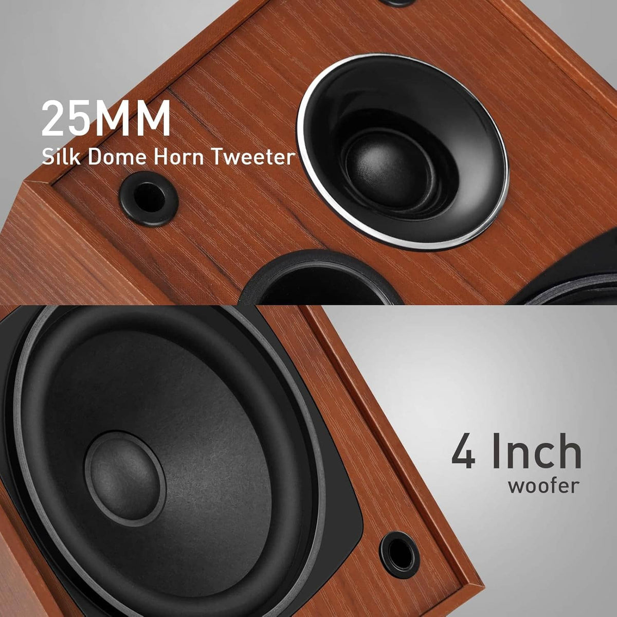 Close-up bookshelf speaker showing silk-dome horn tweeter and 4-inch woofer in wood cabinet