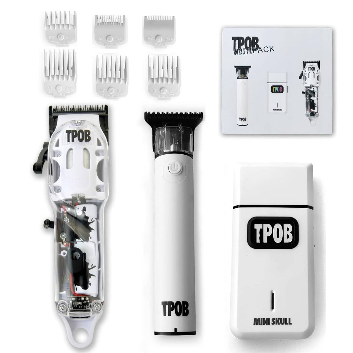 Men's TPOB hair clipper trimmer set with mini skull base and white guard combs