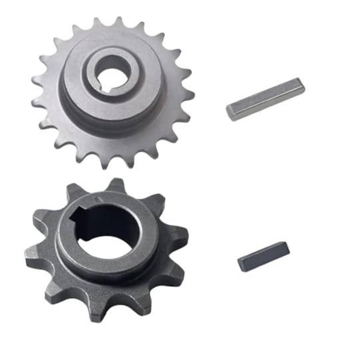 Steel chain sprocket pair with two flat keys, gray and dark gray finish