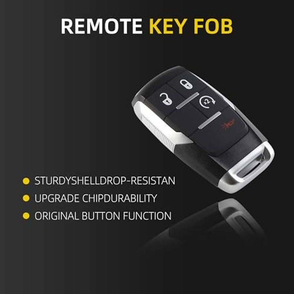 Black 4-button remote key fob in angled view with metallic silver key-ring cover