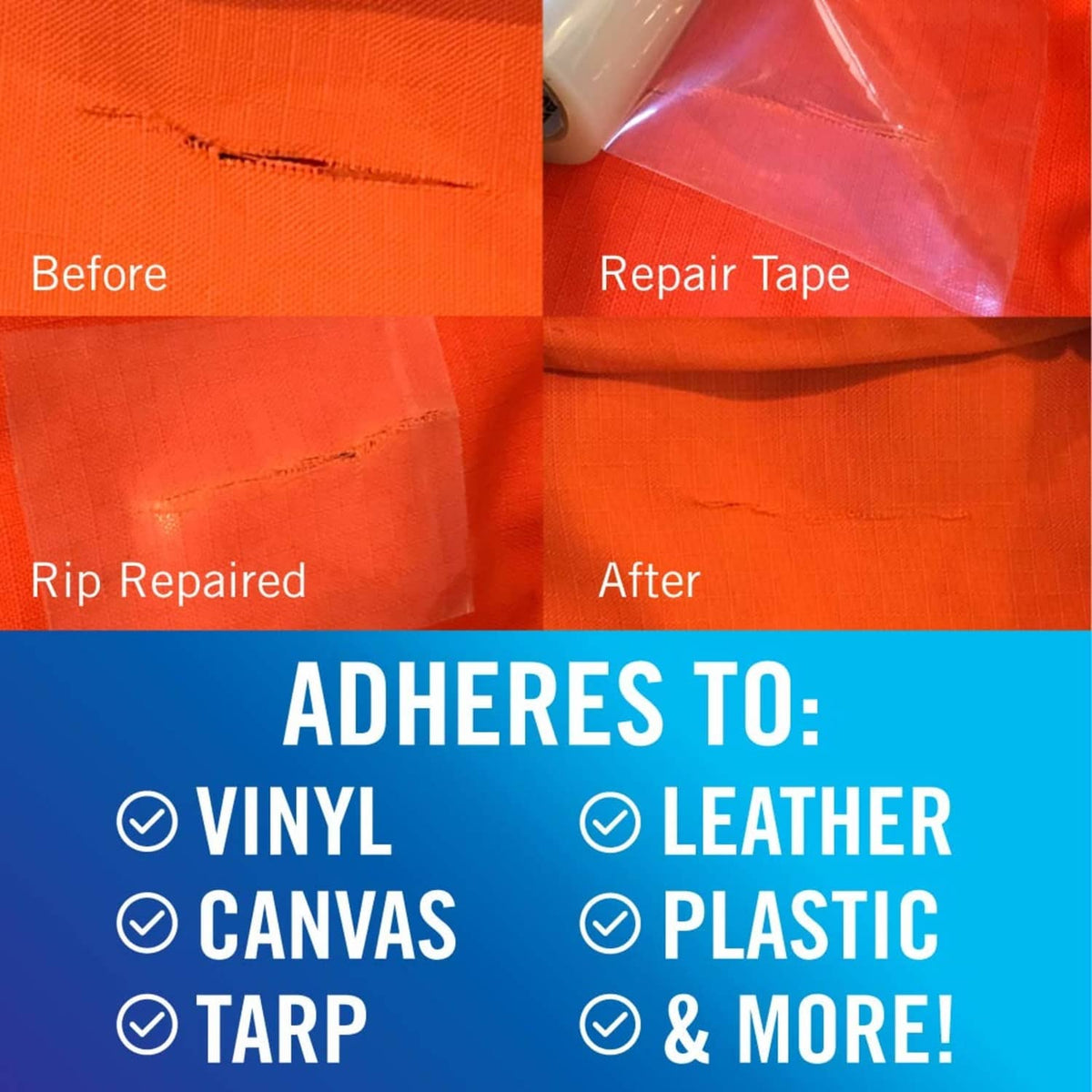 Repair tape applied to a ripped vinyl surface, showing before and after