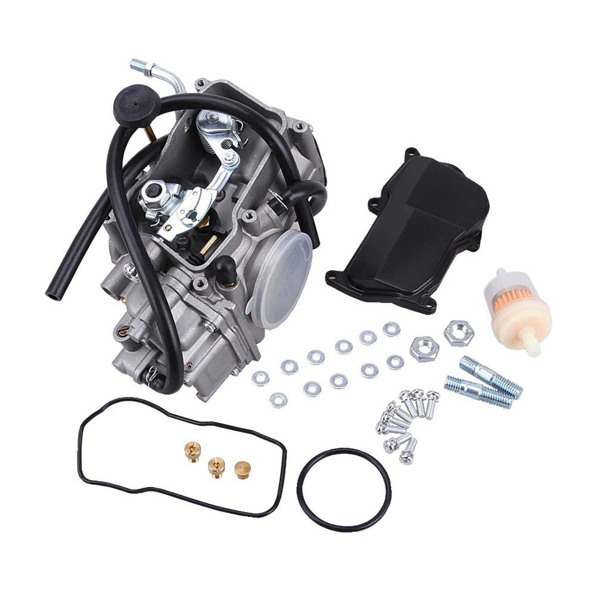 Carburetor assembly with fuel inlet, included gasket set, and mounting hardware