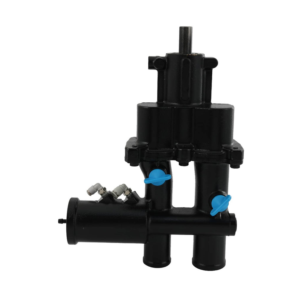 Black sea water pump assembly with blue fittings and metal hose connectors