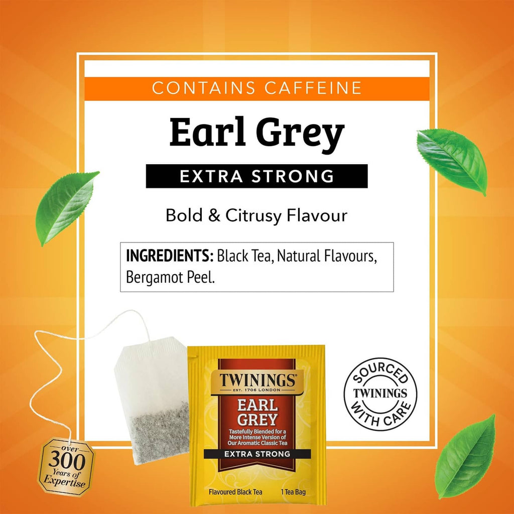 Twinings Earl Grey Extra Strong tea box panel: bold & citrus flavor, ingredients