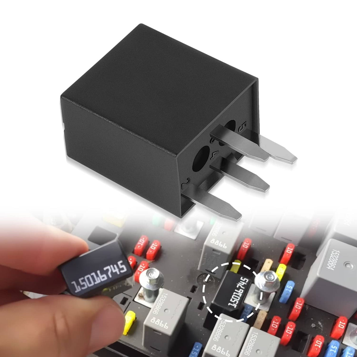 Black 4-pin headlight relay with three blade terminals, close-up view