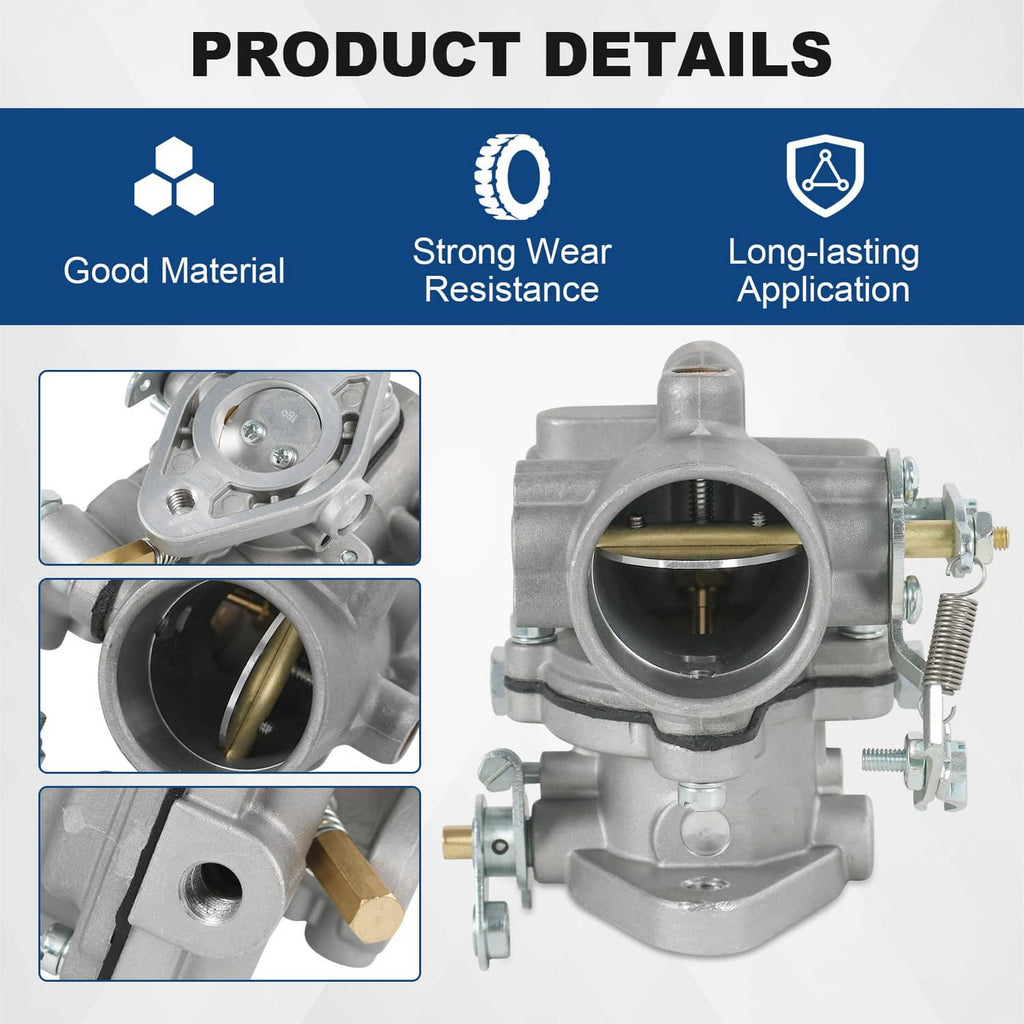 Carburetor front and side detail showing throttle bore, screws, and inlet fittings