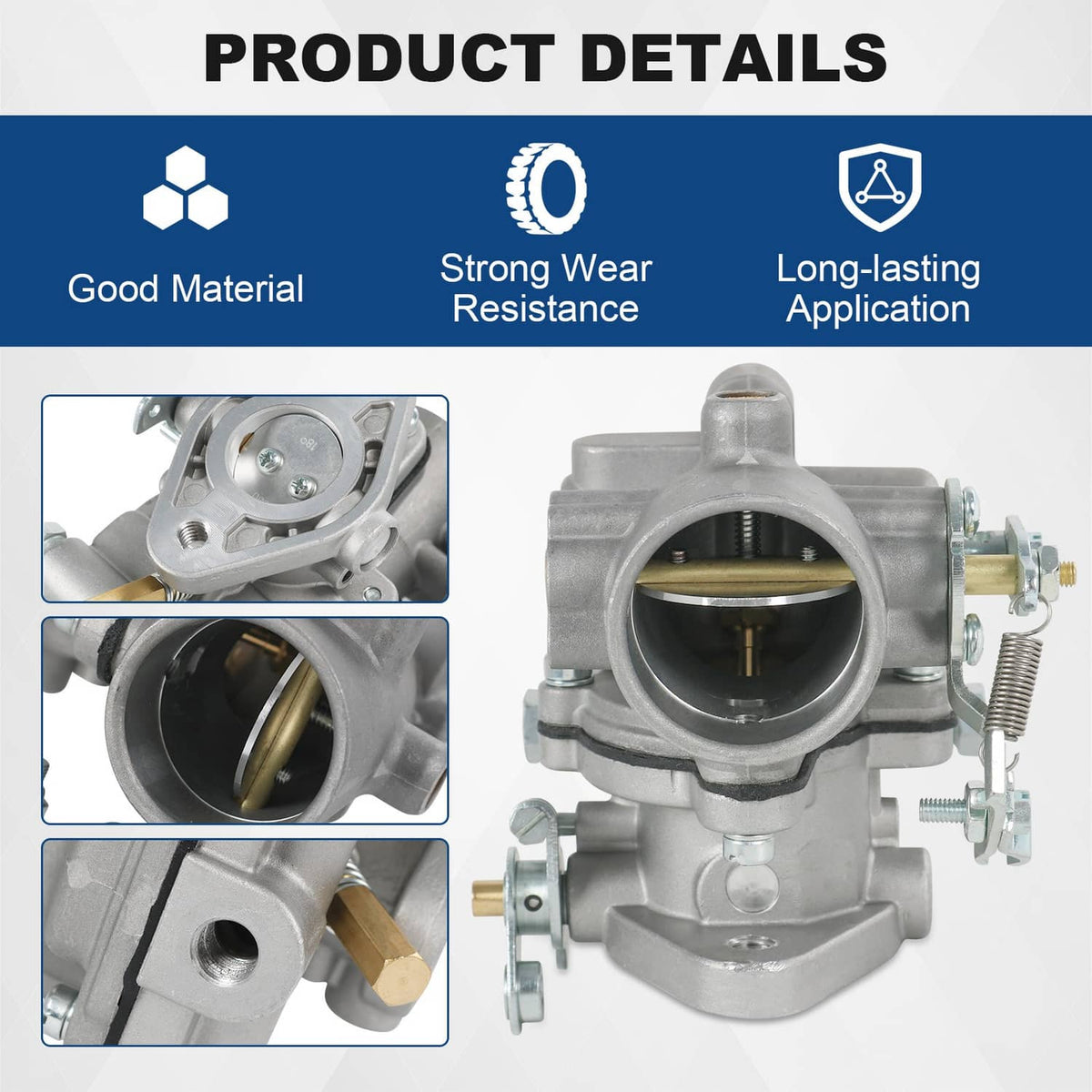 Carburetor front and side detail showing throttle bore, screws, and inlet fittings