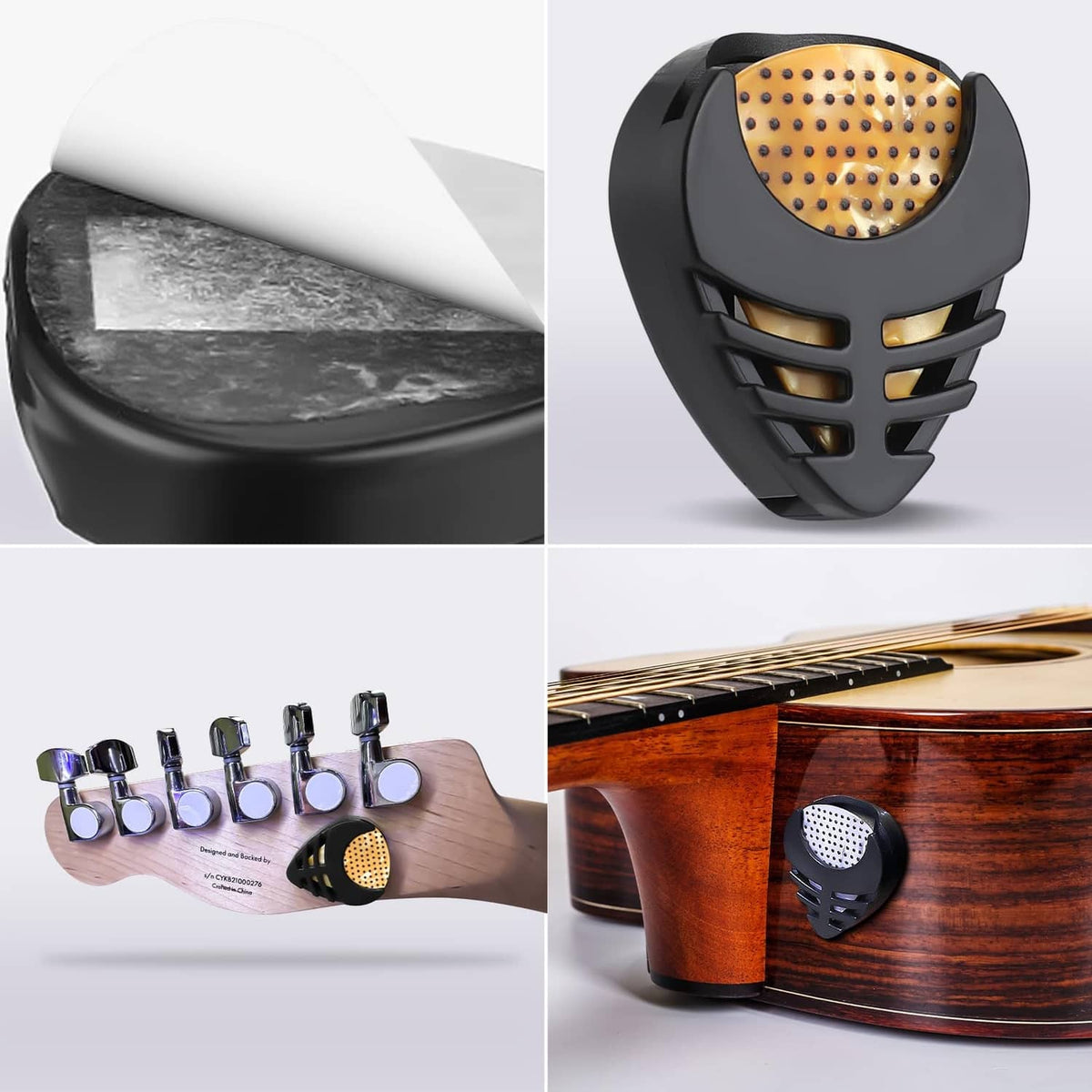 Non-slip guitar picks with raised dots in black holder, plus scattered picks on a white surface.