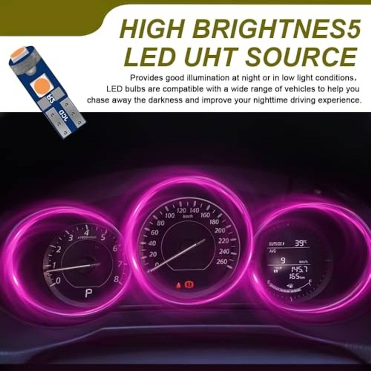T5 LED dashboard lighting with bright pink/purple glow around instrument gauges