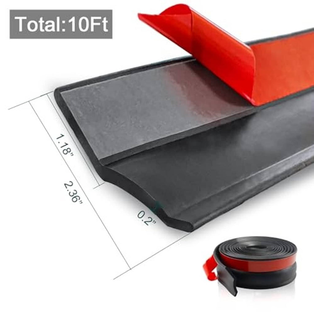 Black garage door bottom seal with red top edge, length and width measurement graphics