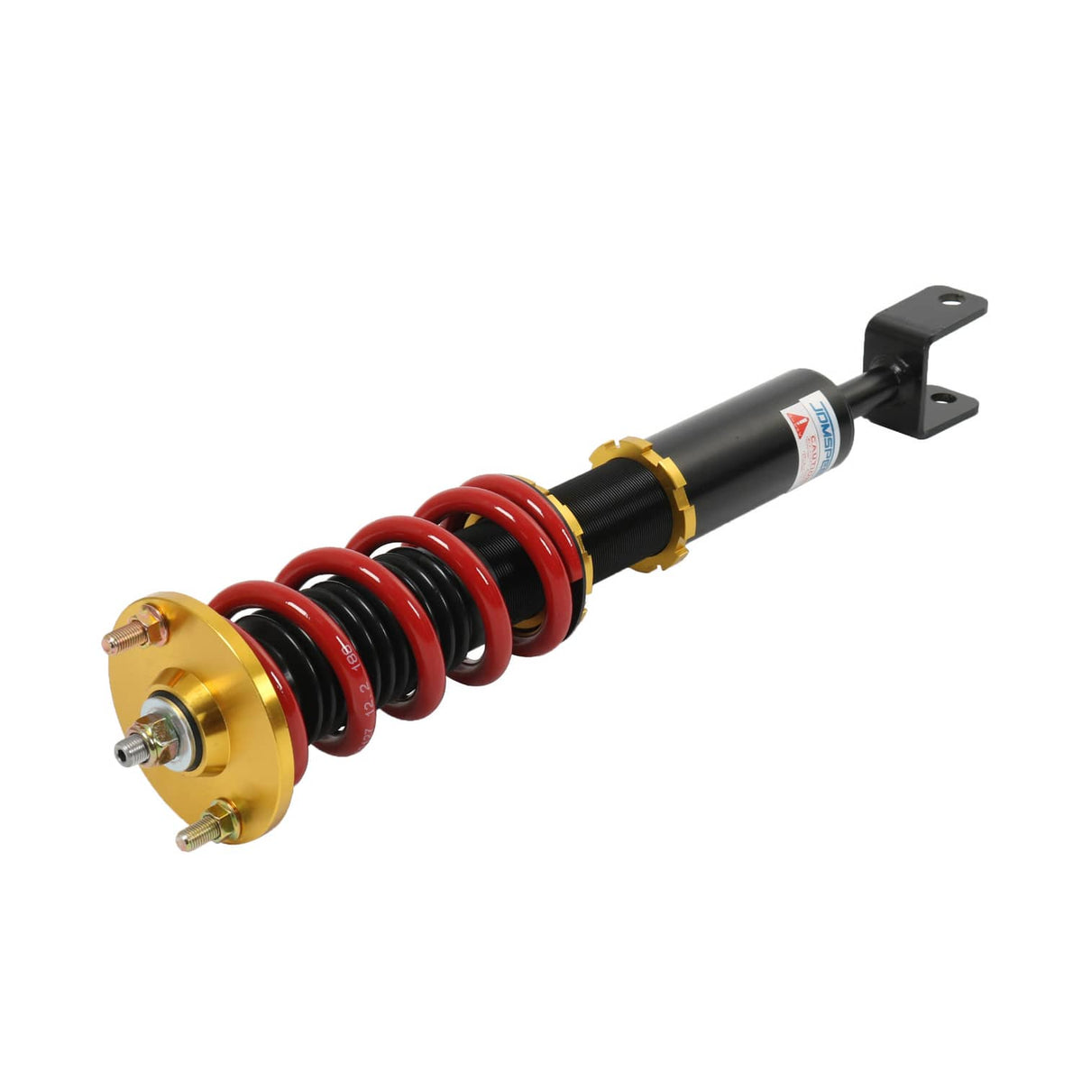 Coilover strut with red coil spring, gold hub mount, and black lower bracket