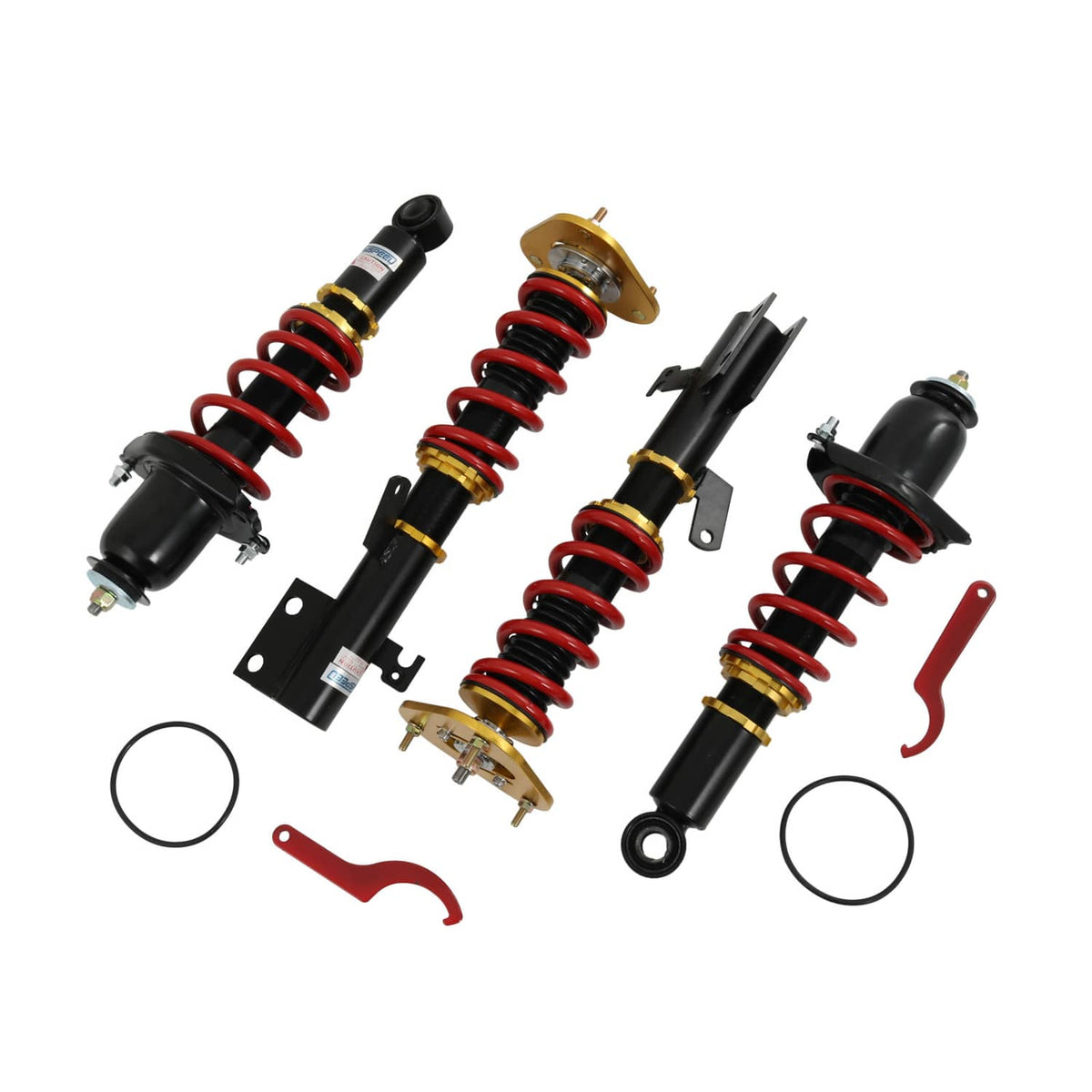 Adjustable coilovers with red springs, black dampers, gold plates; mounting brackets and rings