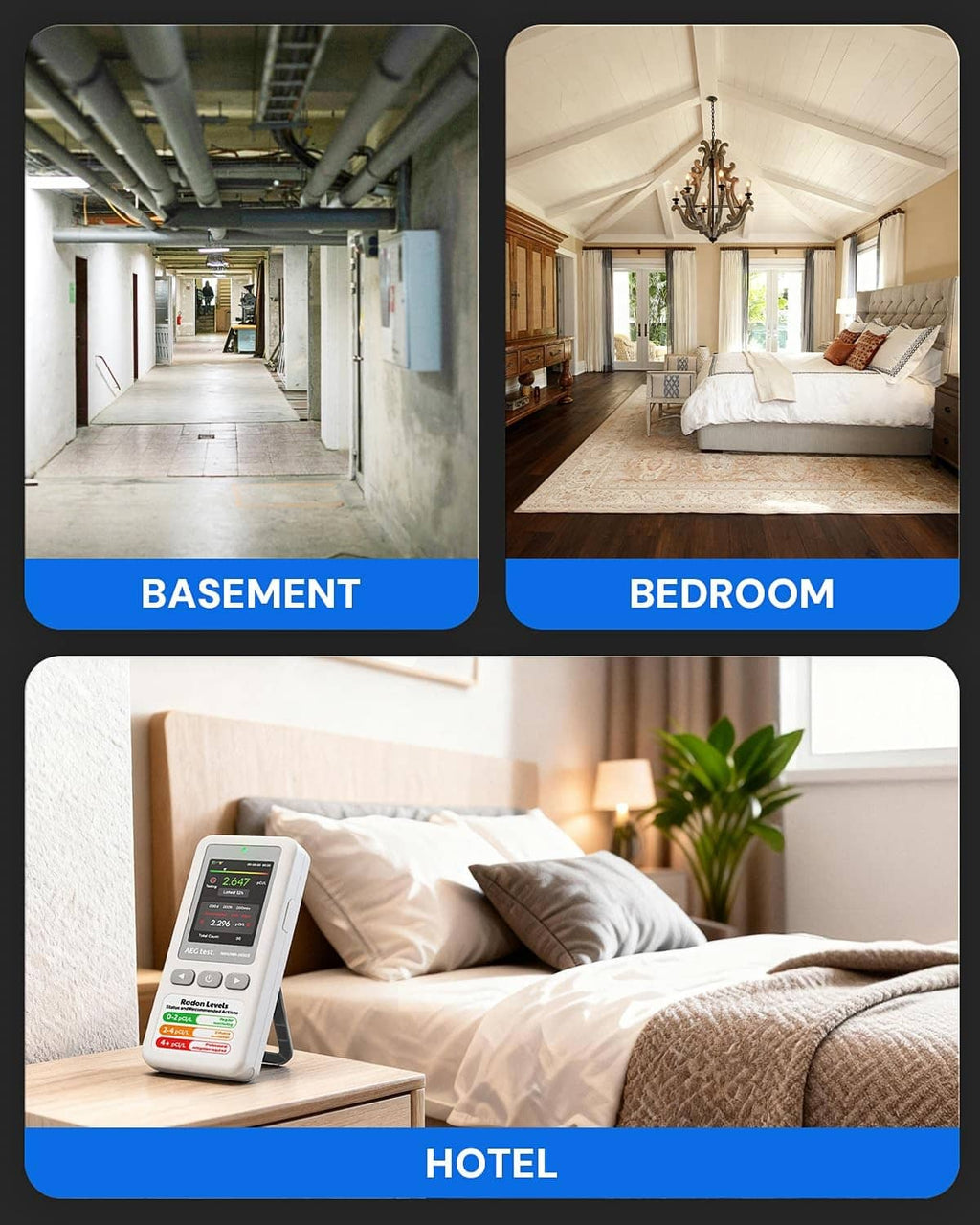 Portable radon detector on bedside table beside a bed and pillow