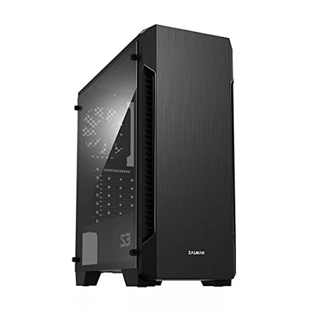 Black computer tower case with side mesh window and front air intake panel
