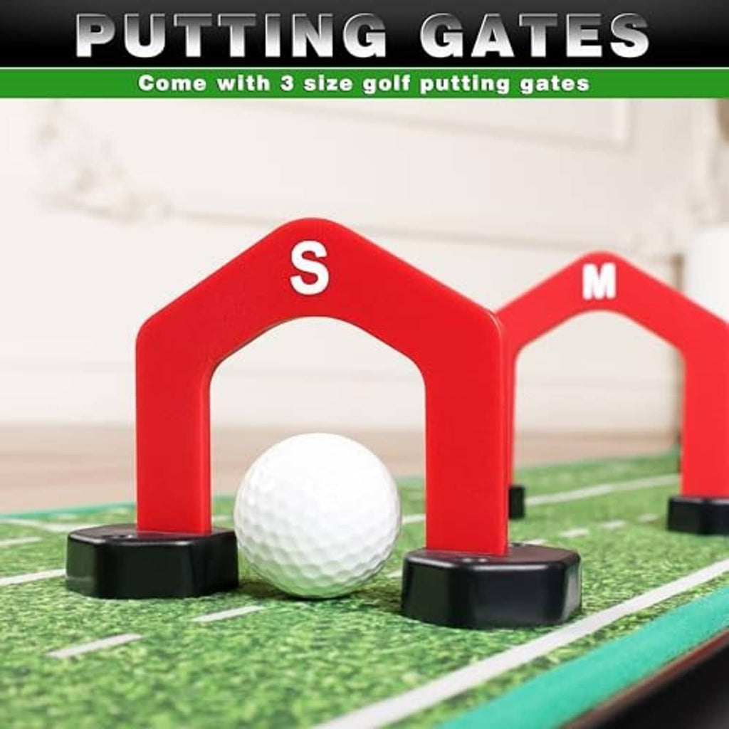 Indoor golf putting green with red S and M putting gates and a white golf ball near cups.