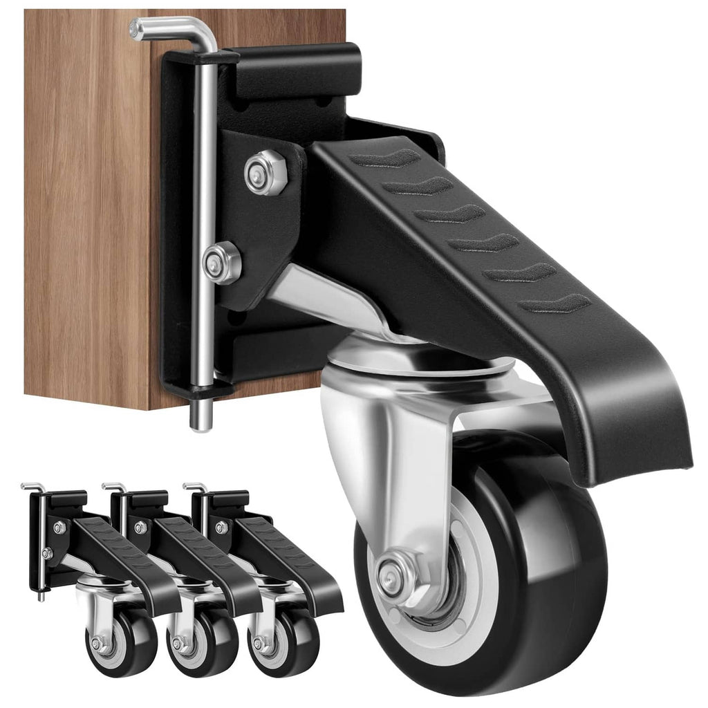 Heavy-duty workbench caster with quick-release pedal and swivel wheel, black and silver.