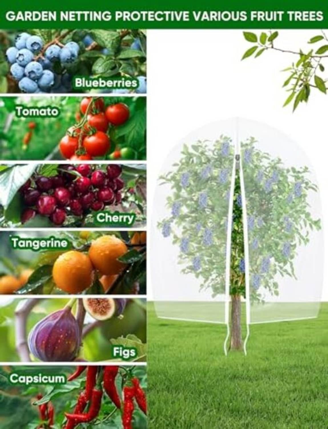 White mesh garden fruit tree protective netting with zipper and stake, dome cover